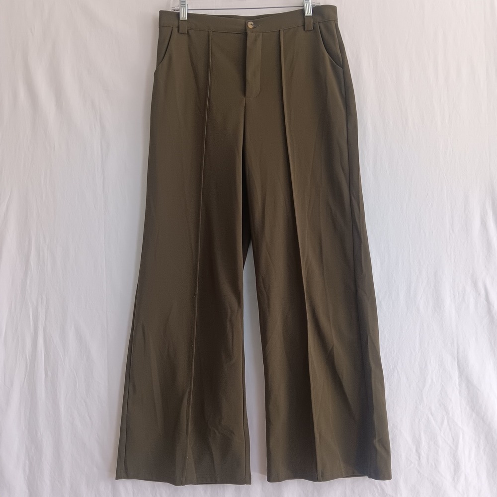 SHEIN Trousers Womens XL Dark Olive Green Wide Leg Pleated High Waist Pockets
